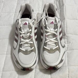 Adidas wide Duramo Men’s 8  WMNS 9 White, Silver, Purple/Maroon Athletic Shoes